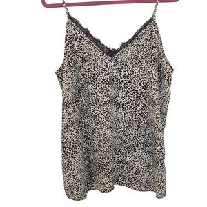 Rachel Zoe Camisole XL Black White Leopard Print Lace Trim V-Neck Boho Chic Top